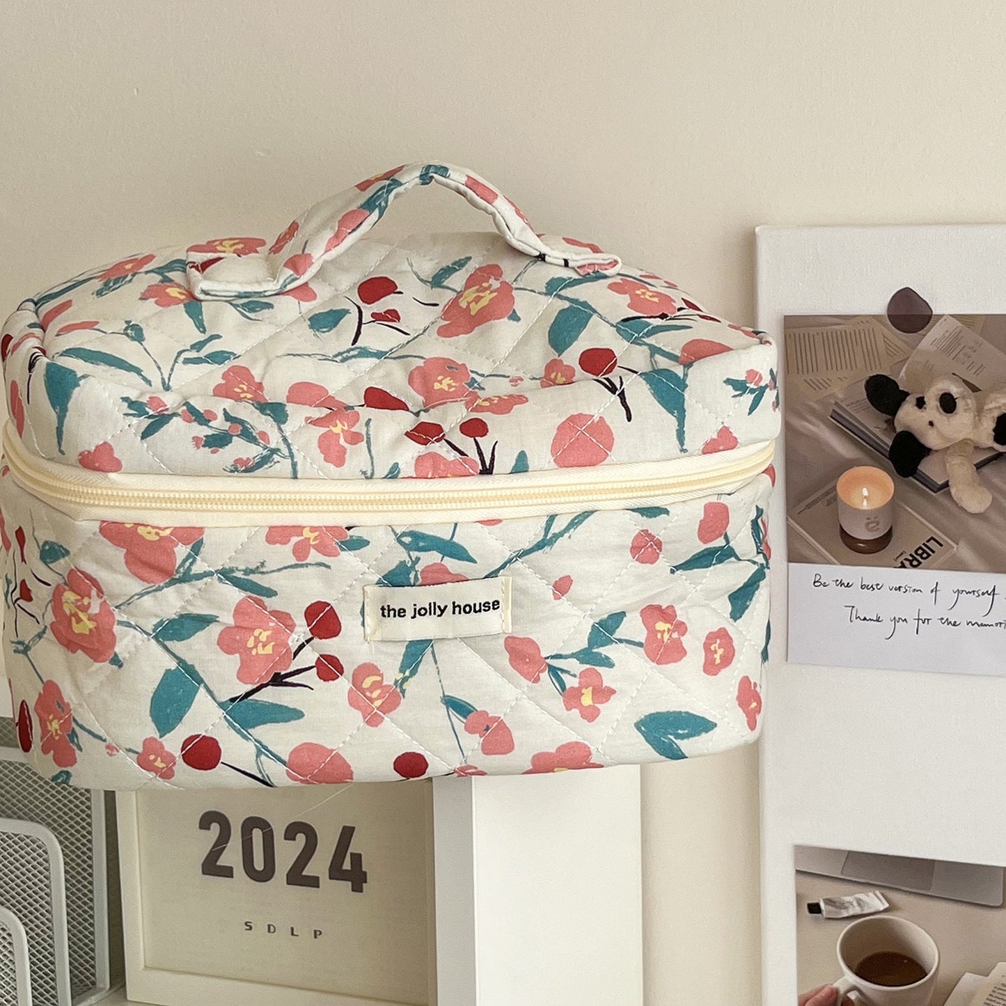 Flower Color Block Padded Make Up Bag