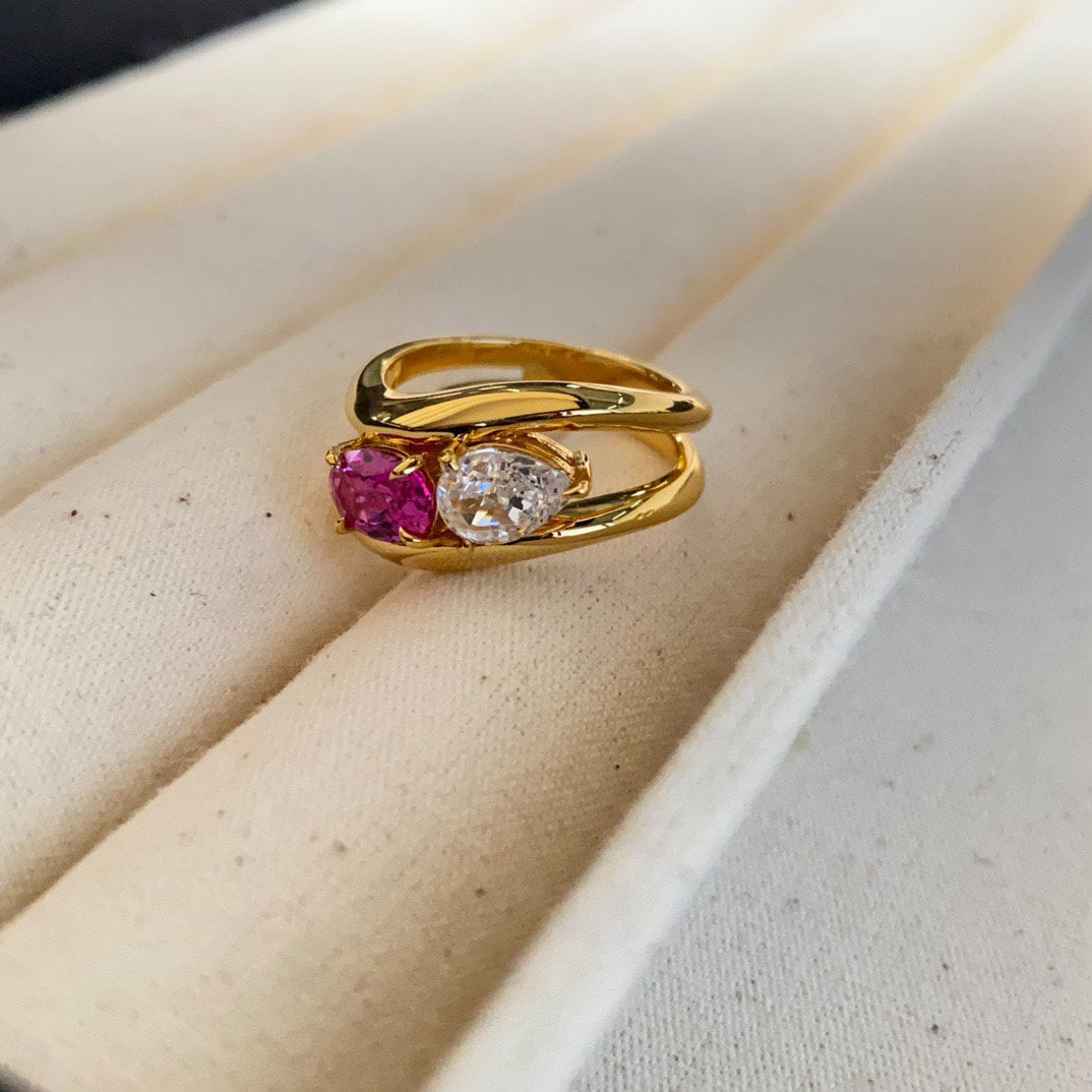 Wavy Double Color Diamond Open Rings