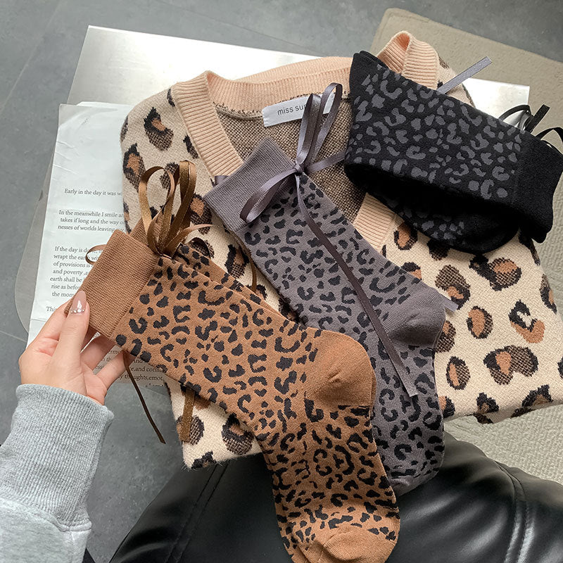 Leopard Bow Color Block Sweet Socks