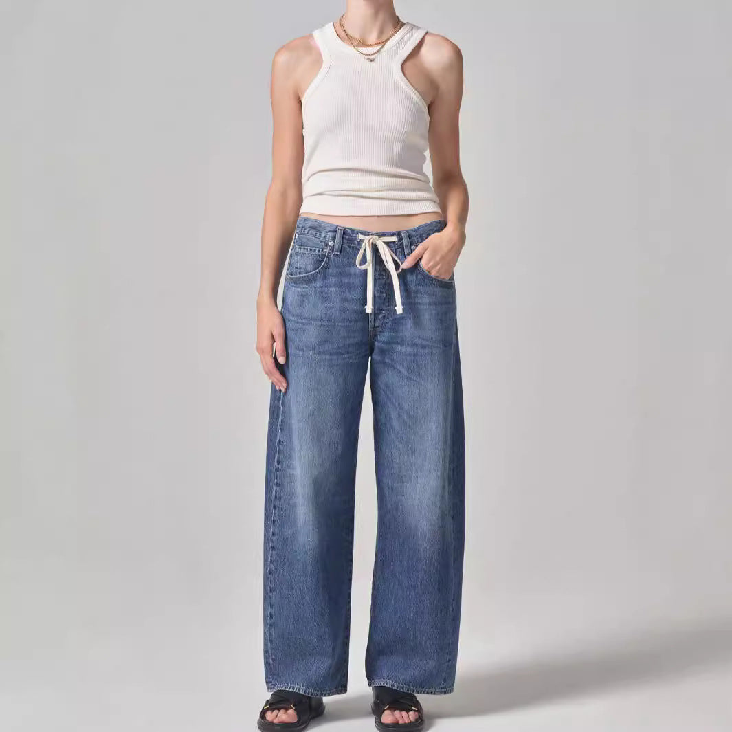 Distressed Loose Denim Pants Drawstring Jeans