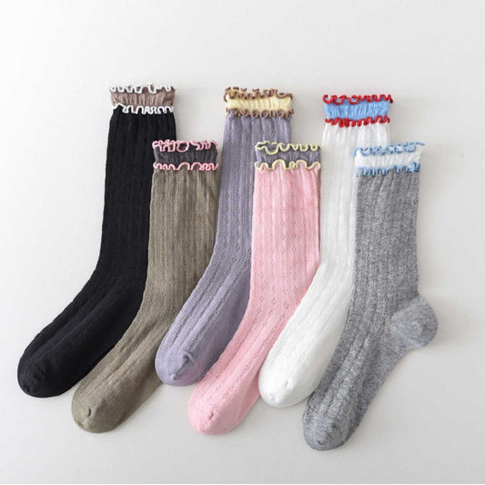 Ruffle Color Block Thin Ribbed Socks