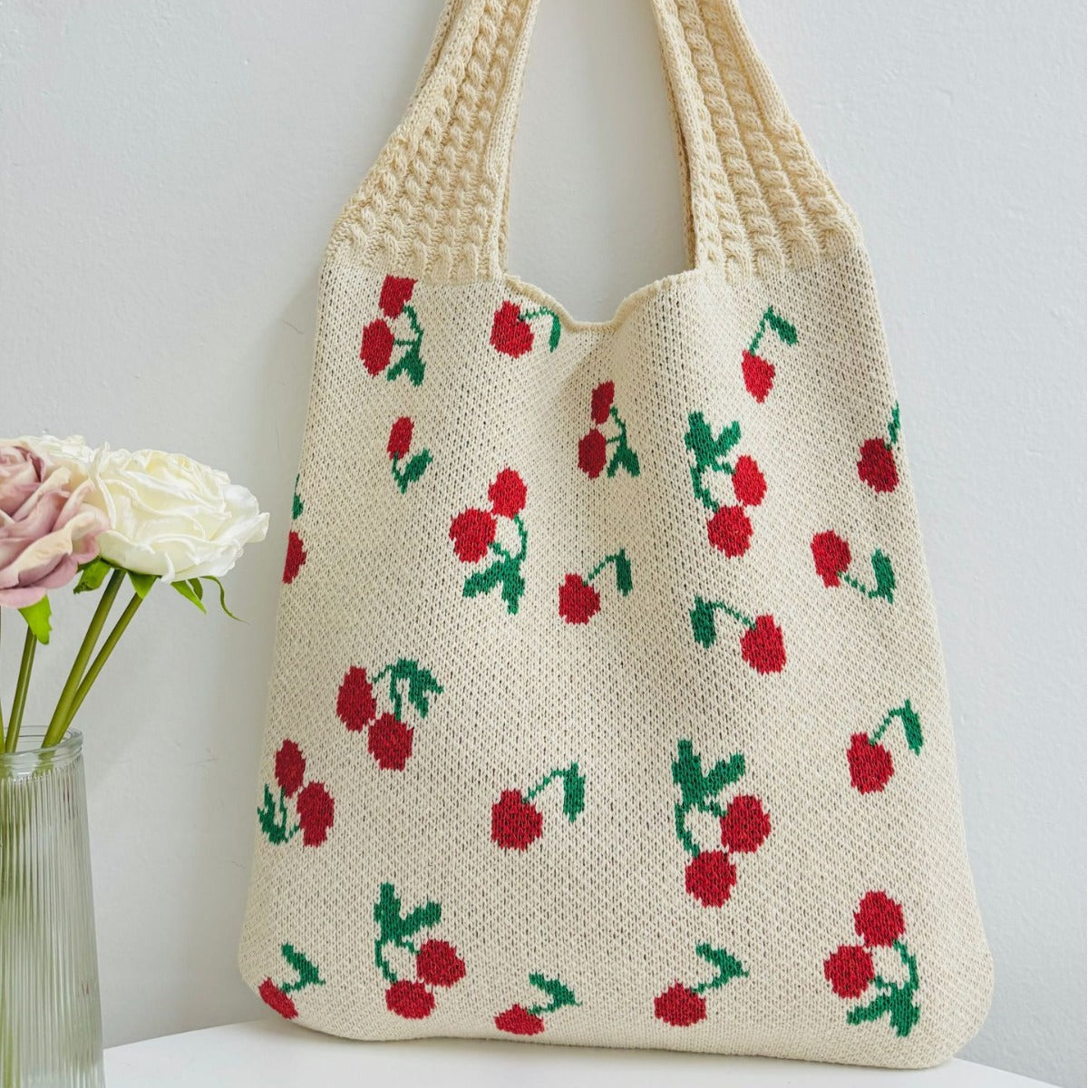 Cherry Print Cute Shoulder Bag Knit Tote Bag