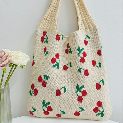 Cherry Print Cute Shoulder Bag Knit Tote Bag