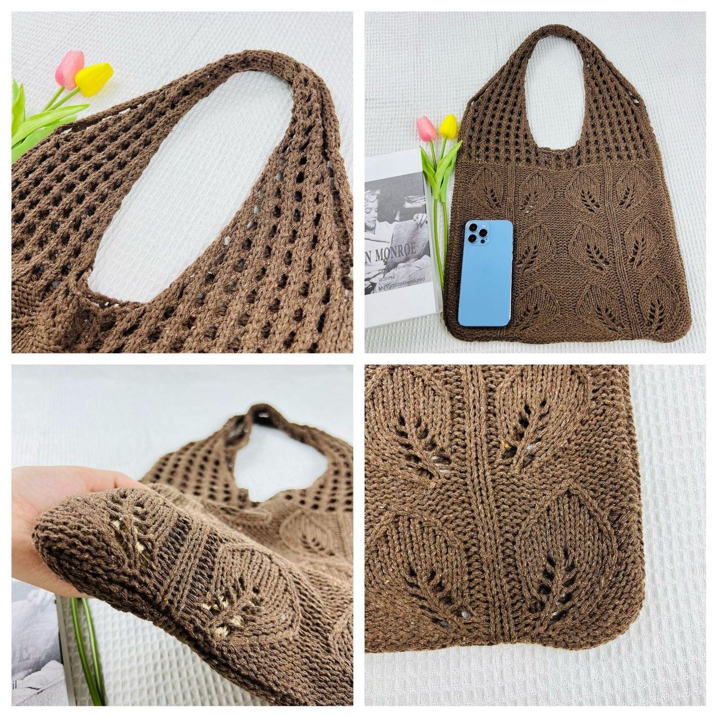Solid Color Hollow Out Knit Shoulder Tote Bag