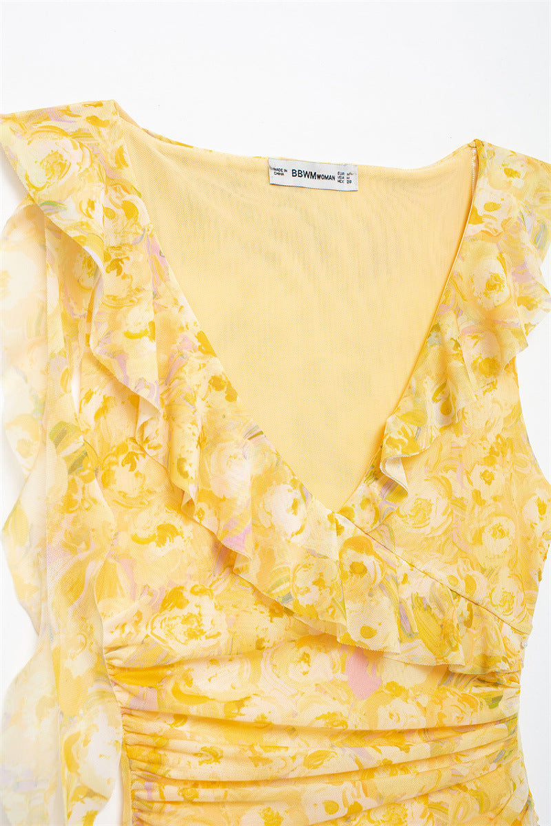 Sweet Pleated Printed Bodycon Mini Dress