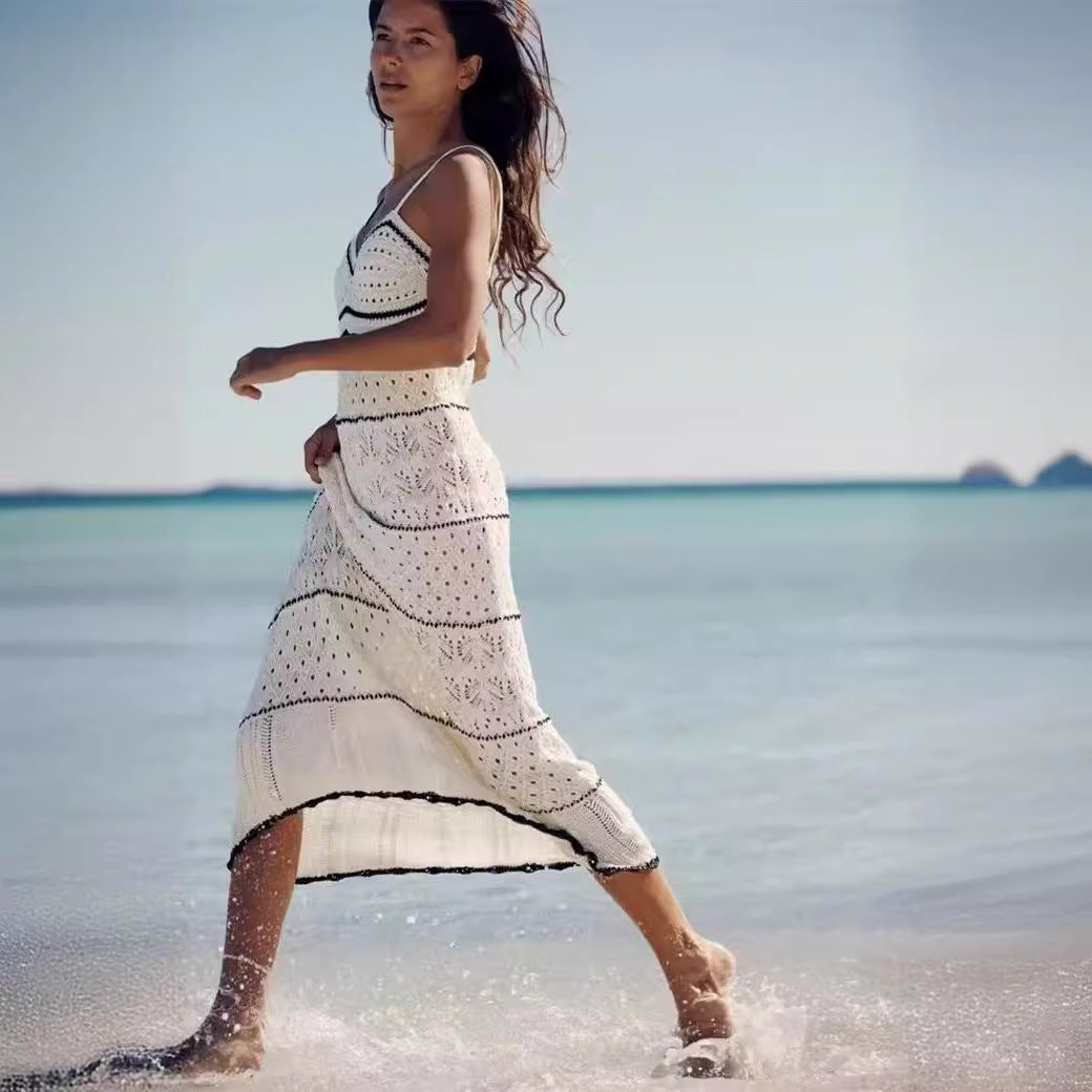 Hollow Out Sexy Knit Spaghetti Swim Cover Up