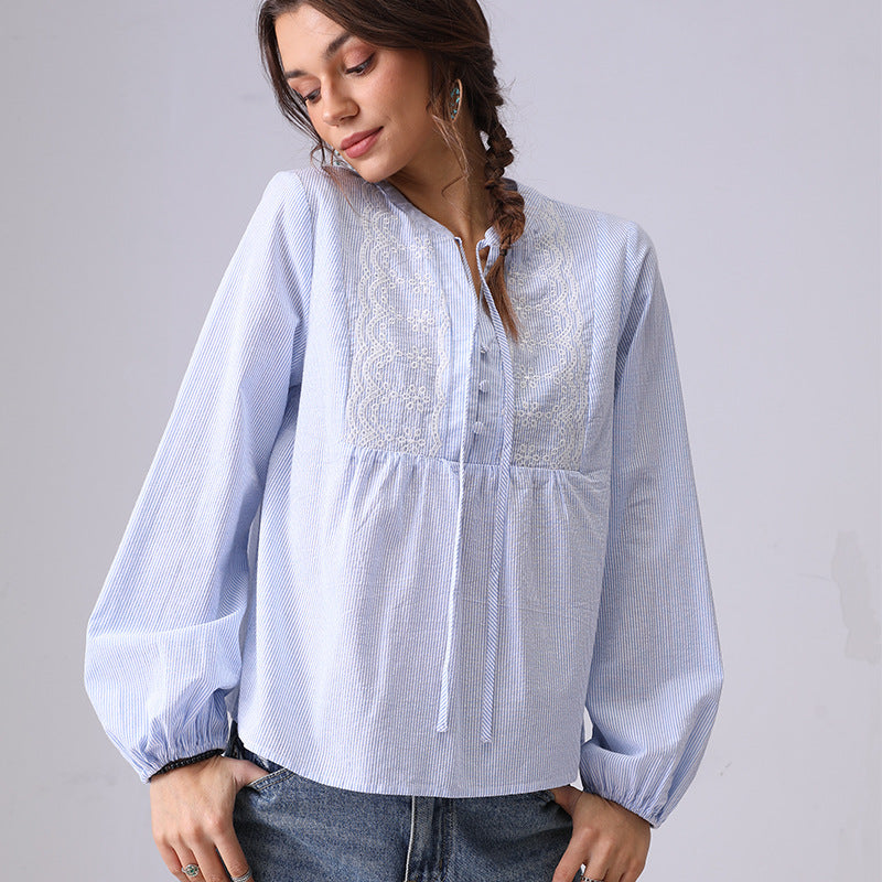 Striped Embroidered V-Neck String Shirt