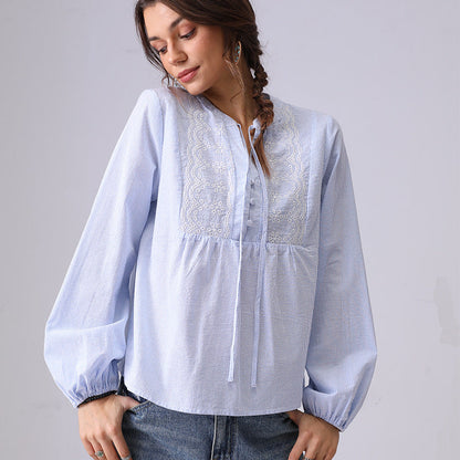 Striped Embroidered V-Neck String Shirt
