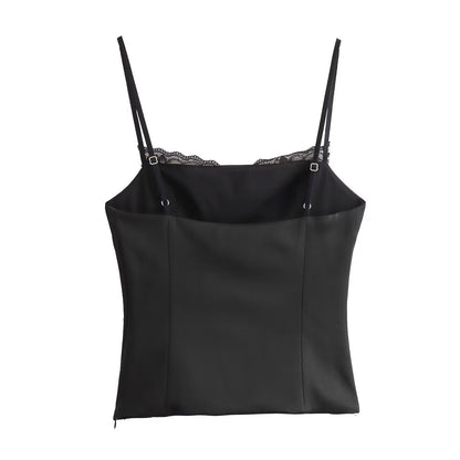 Elegant Satin Spaghetti Strap Lace Trim Top