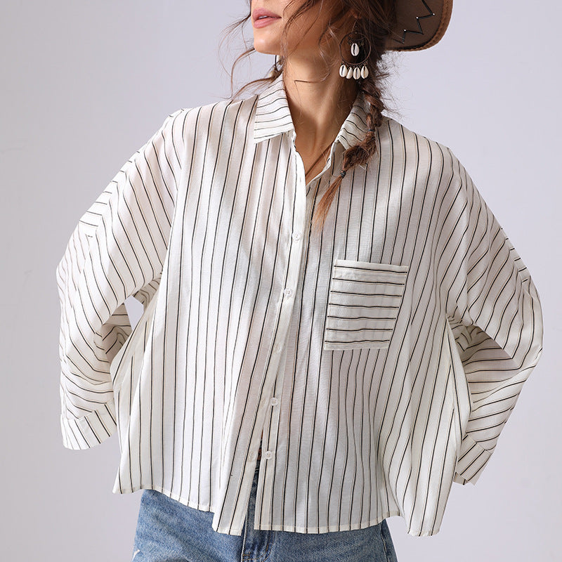 Casual Striped Lapel Collar Batwing Sleeve Top