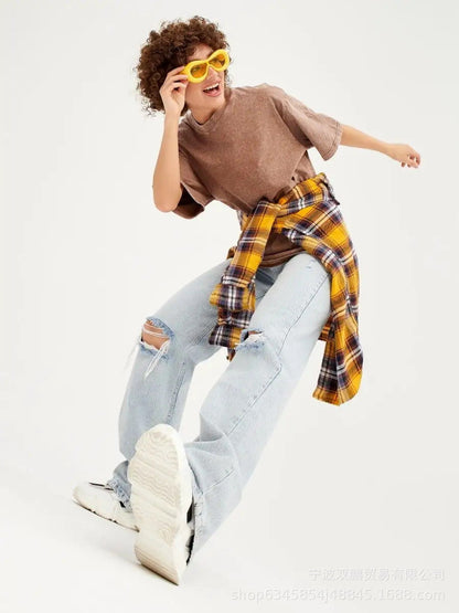 Washed Distressed Loose Short Sleeves Top