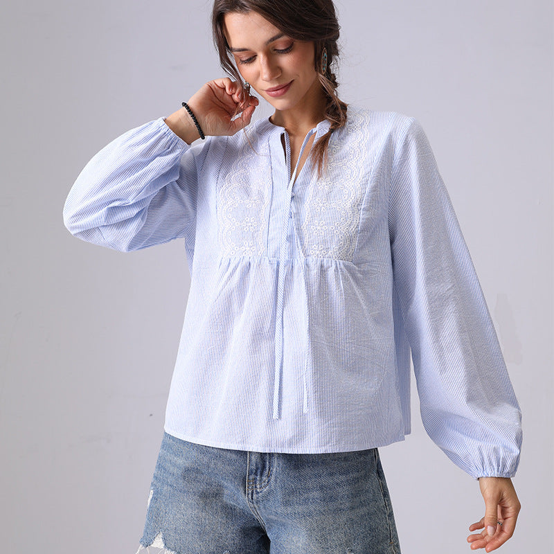 Striped Embroidered V-Neck String Shirt
