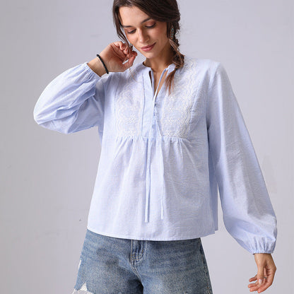 Striped Embroidered V-Neck String Shirt