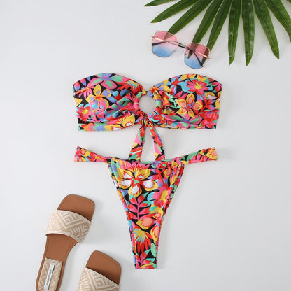 2PCS Flower Print Strapless Sexy Swimwear