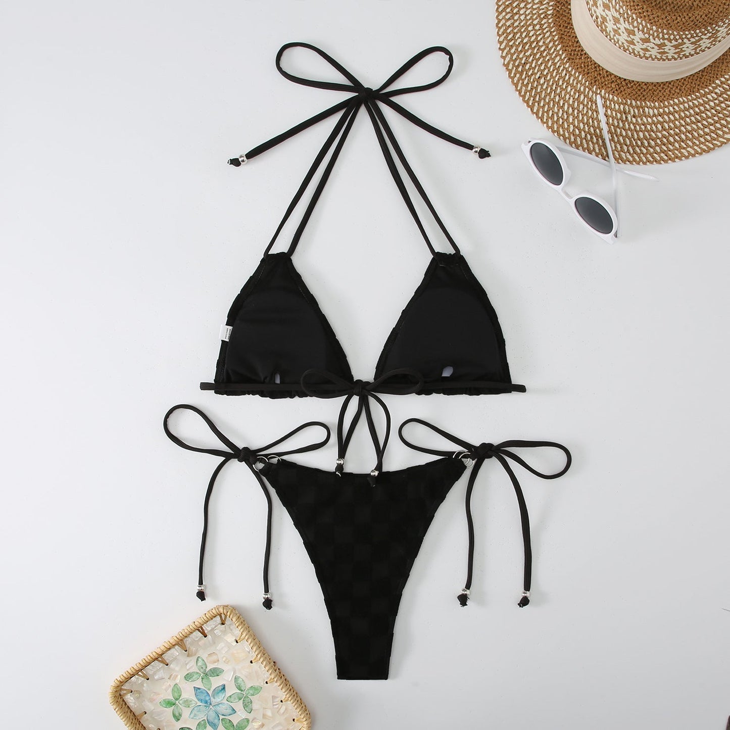 2PCS Solid Color String Tie Bikini Swimwear