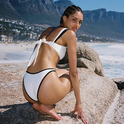 Color Block Bikini Waist Tie Triangle Swimwear