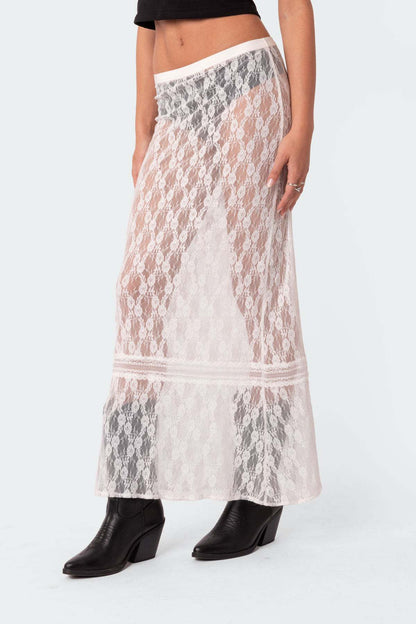 Trendy Sheer Lace Hollow-Out Maxi Skirt