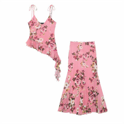 Asymmetrical Spaghetti Strap Top and Skirt Set