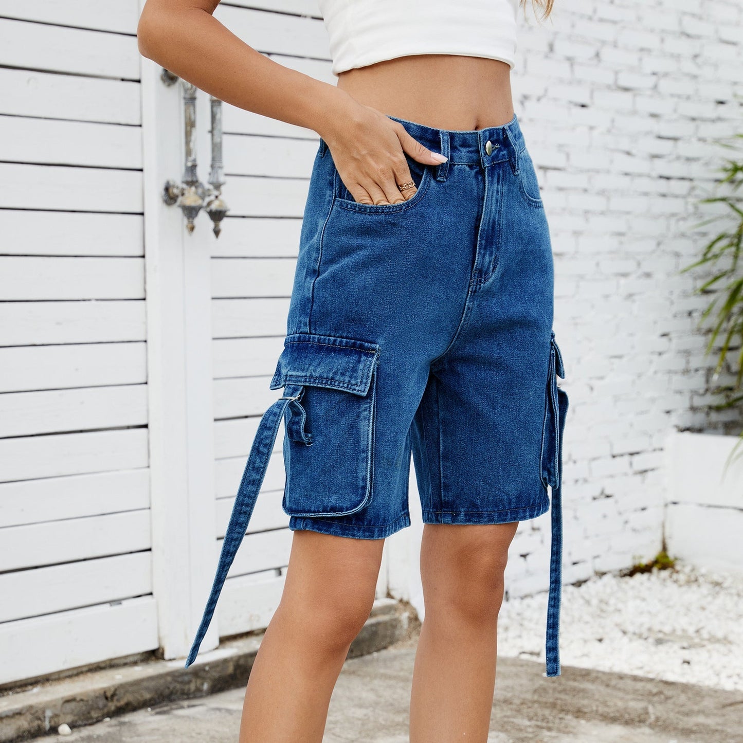 Distressed Straight Leg Cargo Denim Shorts