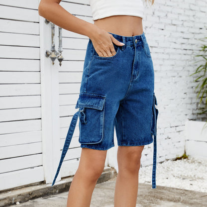 Distressed Straight Leg Cargo Denim Shorts