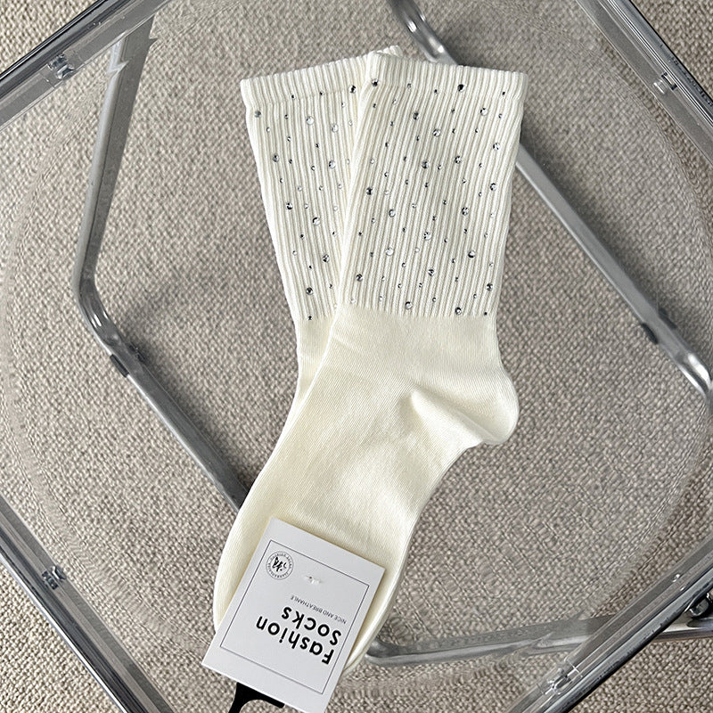 Rhinestone Ribbed Simple Cotton Socks
