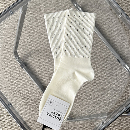 Rhinestone Ribbed Simple Cotton Socks