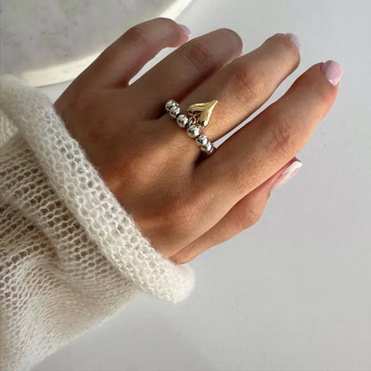 Vintage Beaded Heart Pendant Elastic Ring