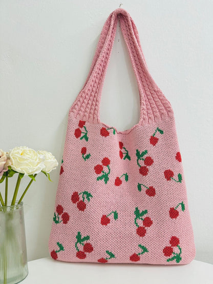 Cherry Print Cute Shoulder Bag Knit Tote Bag