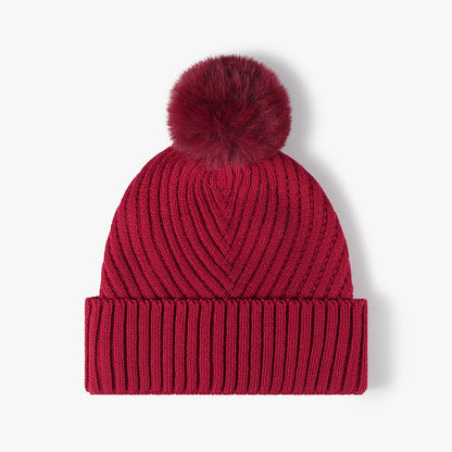 Solid Color Ribbed Knit Pom Beanie