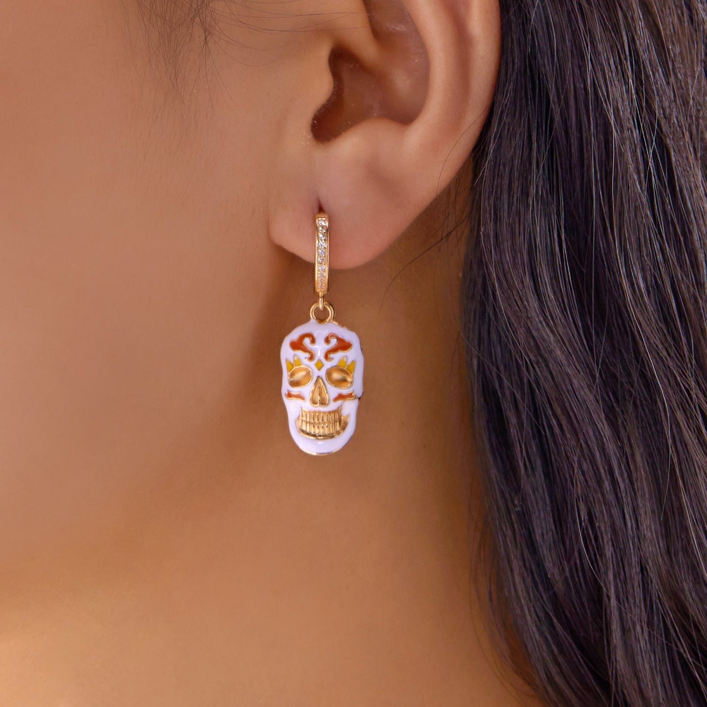 Halloween Enamel Pumpkin Rhinestone Hoop Earrings