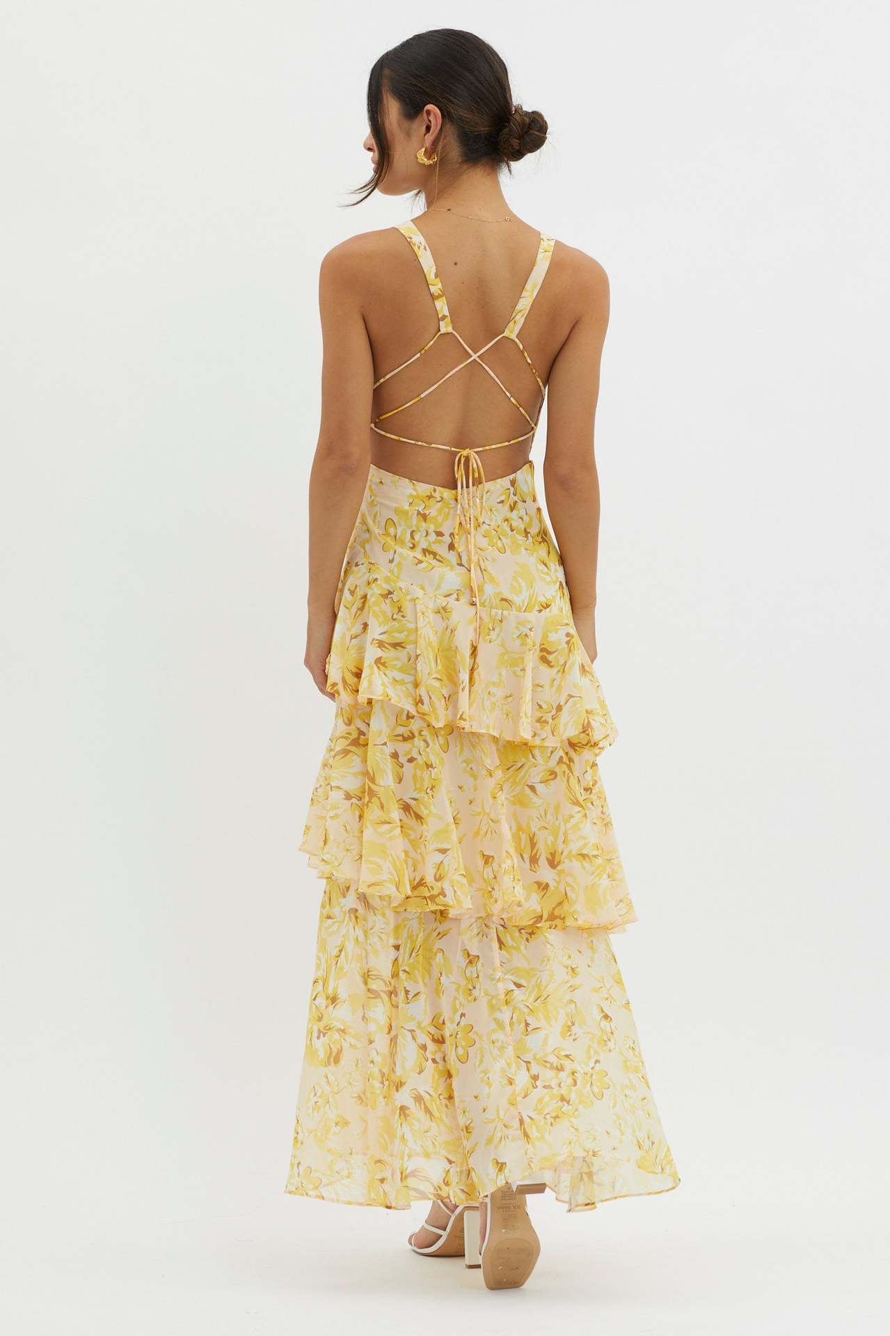 V-Neck Print Backless Flounce Sexy Dress
