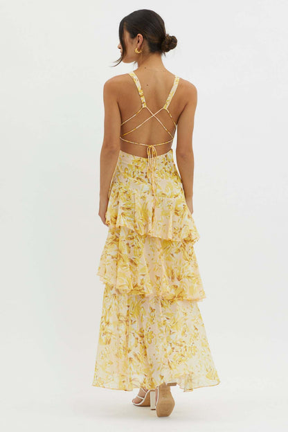 V-Neck Print Backless Flounce Sexy Dress
