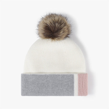 Splicing Color Block Padded Knit Pom Beanie