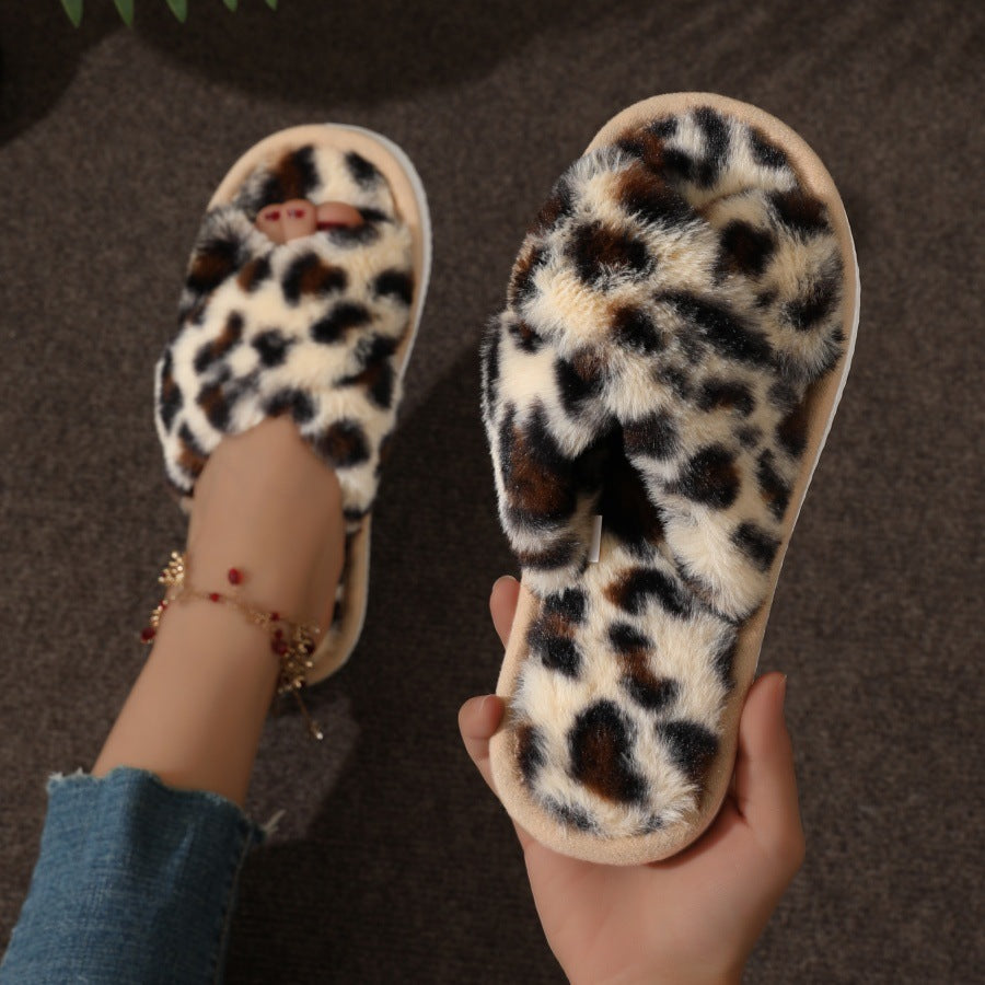 Fuzzy Cross Band Plush Home Slippers