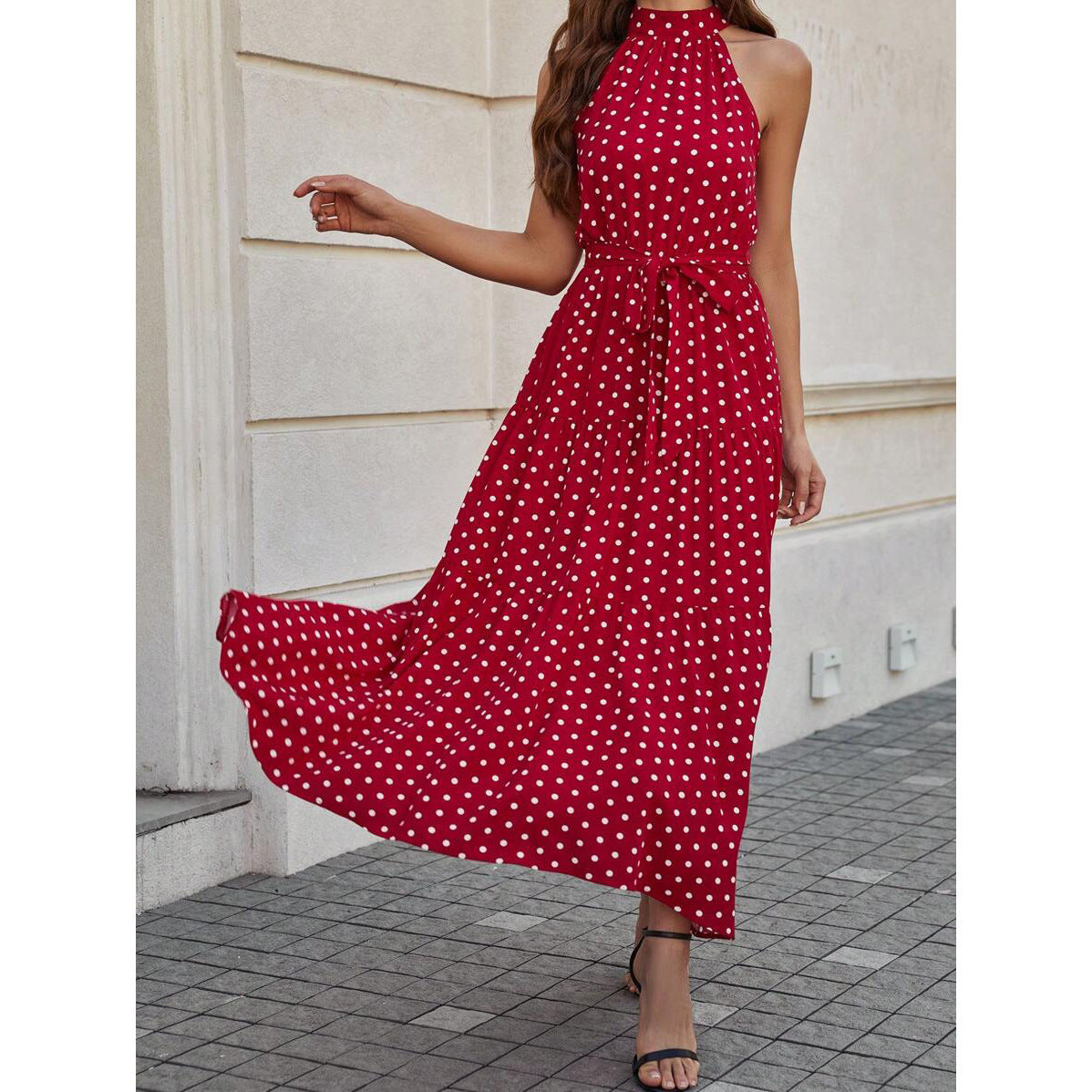 Elegant Polka Dot Tie Waist Halter Dress