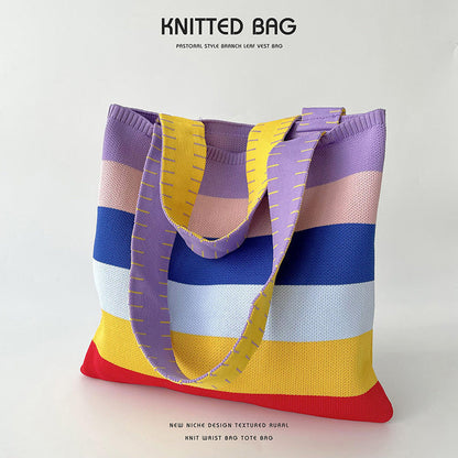 Rainbow Splice Color Block Knit Tote Bag