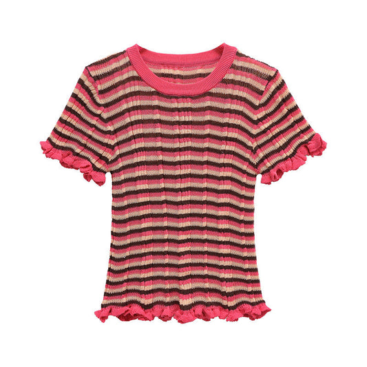 Casual Solid Color Crew Neck Striped Top