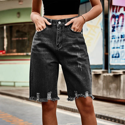 Ripped Raw Hem Denim Bermuda Shorts