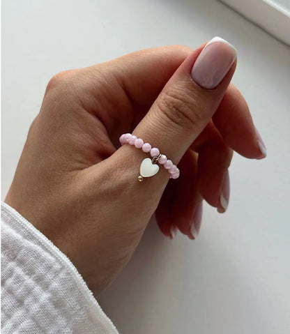 Shell Bead Heart Pendant Stackable Ring