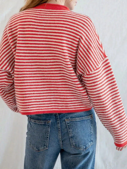 Casual Striped Round Neck Long Sleeve Cardigan