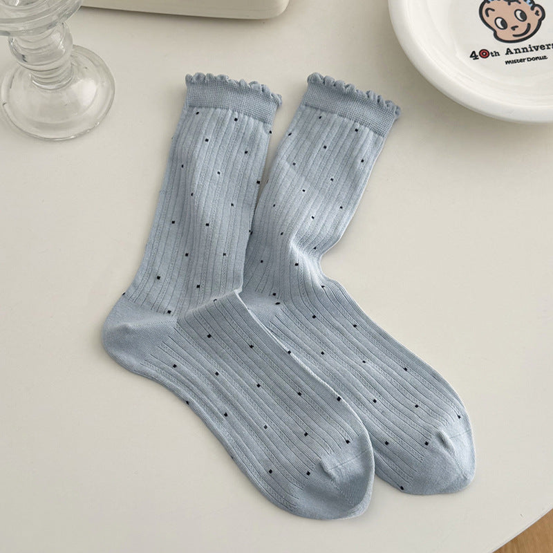 Polka Dot Ruffle Ribbed Thin Socks