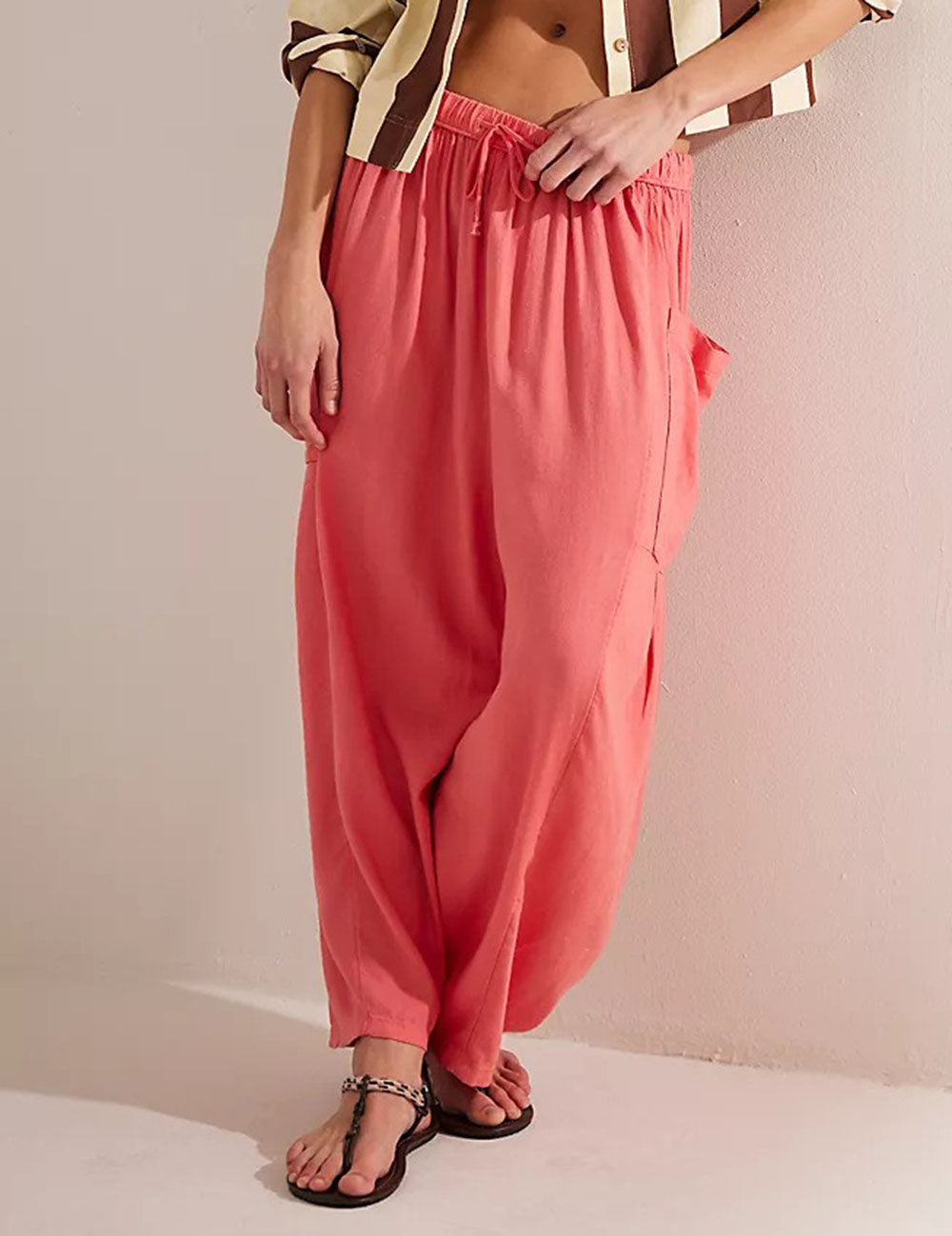 Solid Color String Elastic Waist Loose Pants