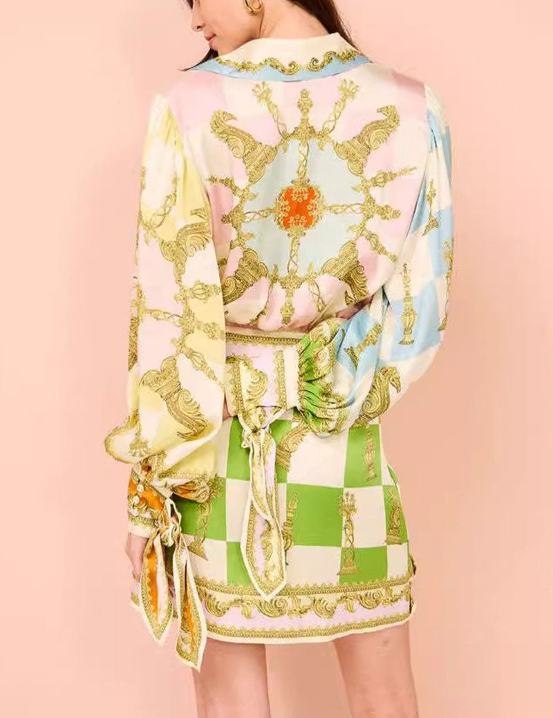 Colorful Print Lantern Sleeves Casual Mini Dress