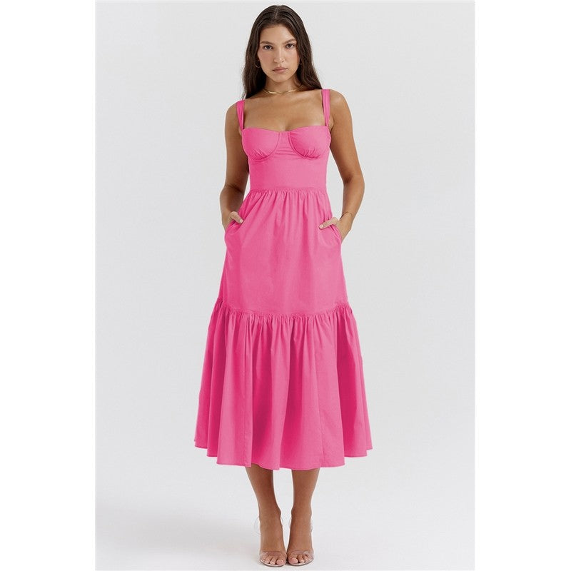 High Waisted A-Line Floral Printed Condole Belt Cake Dress