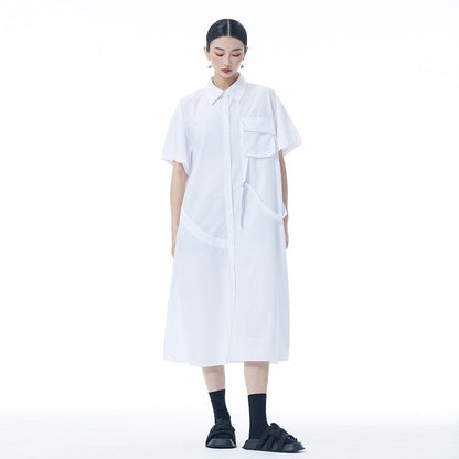 Simple Collar Pocket Shirt Dress Loose Sleeve