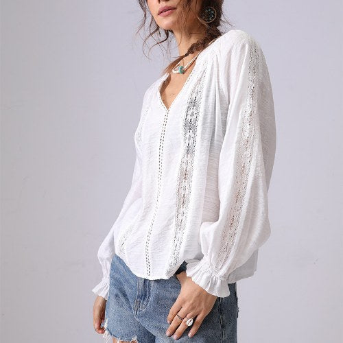 Lace Splicing Ruffle V-Neck Pullover Top