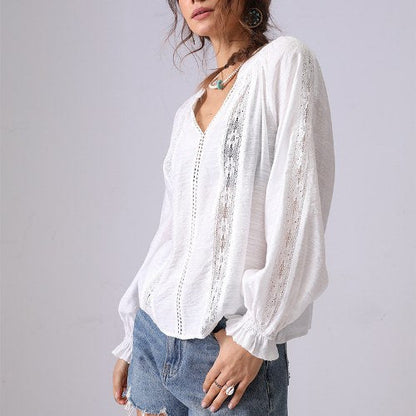 Lace Splicing Ruffle V-Neck Pullover Top