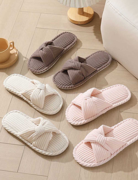 Cozy Corduroy Crossed Bow Indoor Slippers