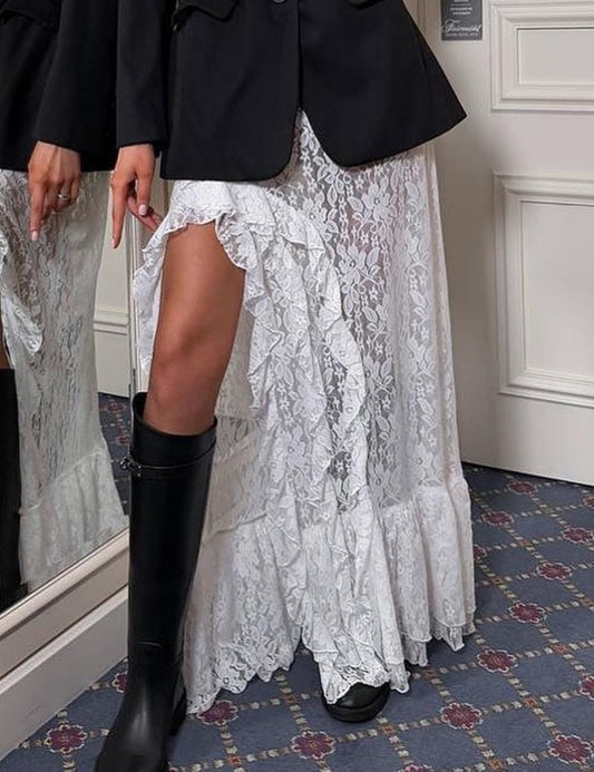 Trendy Asymmetrical Lace Side Slit Midi Skirt