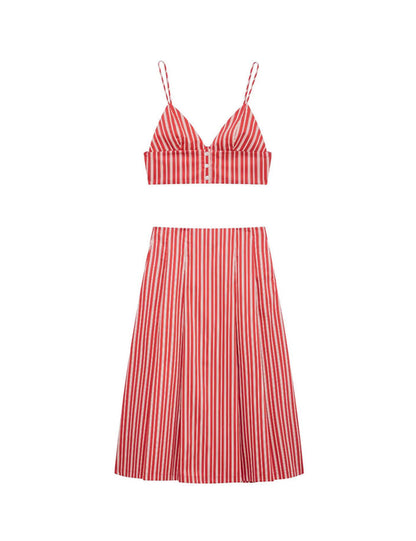 Sexy Striped Sleeveless Top A-Line Skirt Set